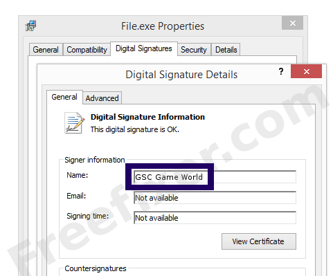 Screenshot of the GSC Game World certificate